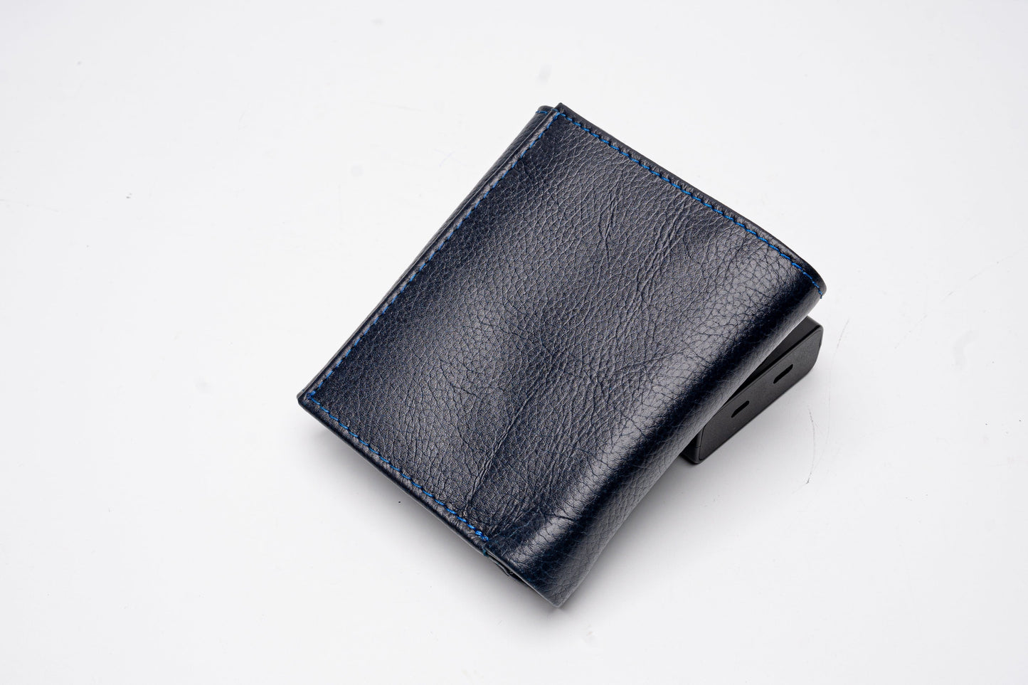 Navy Blue Leather Wallet with Contrast Stitching