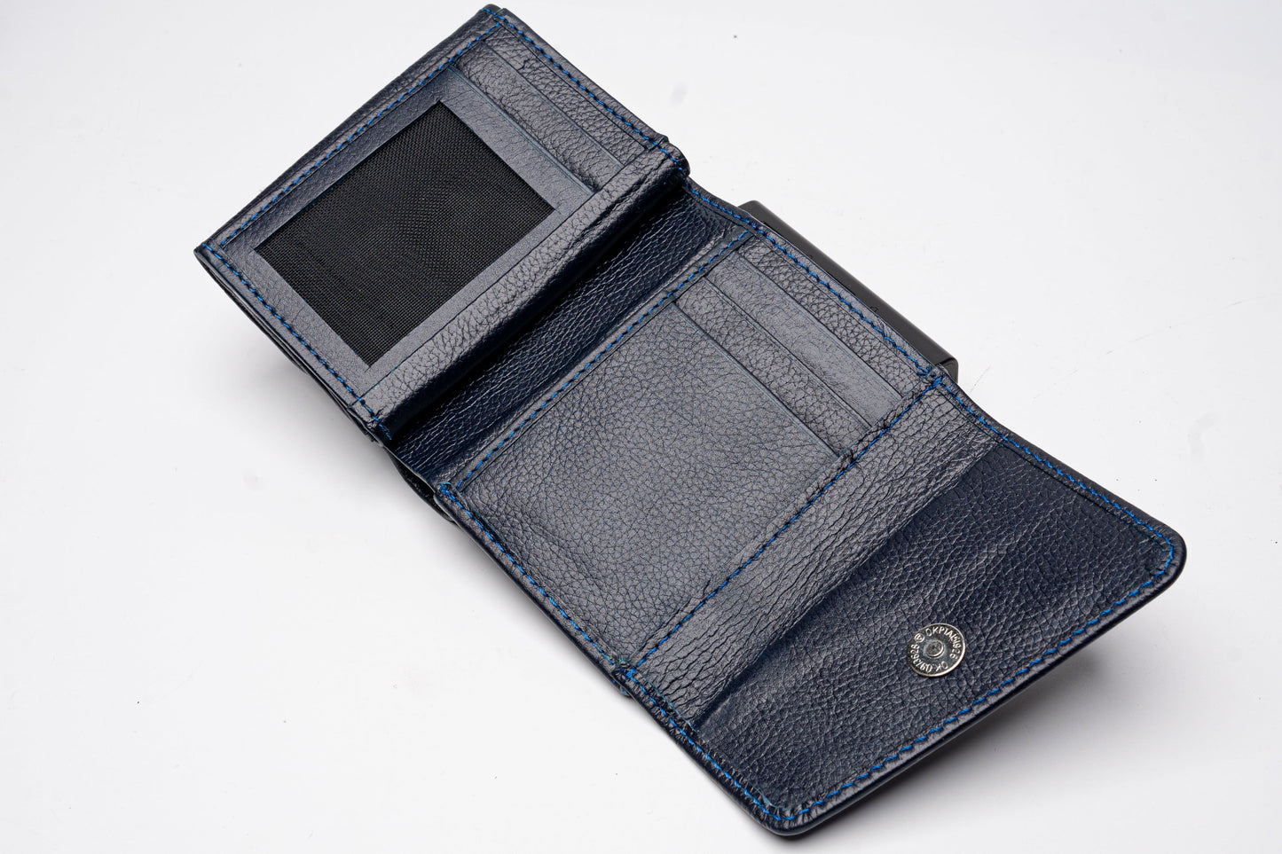 Navy Blue Leather Wallet with Contrast Stitching
