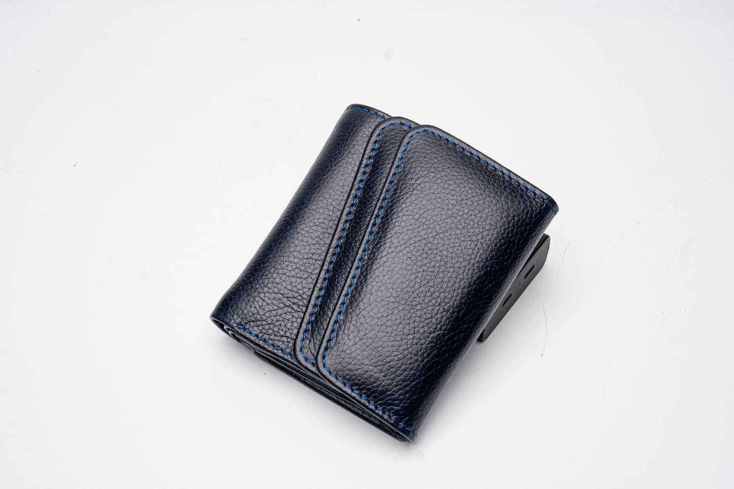 Navy Blue Leather Wallet with Contrast Stitching
